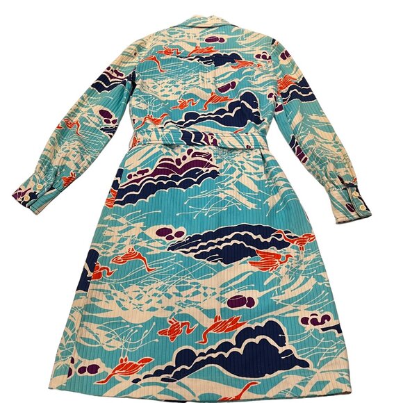 Toby Tanner Vintage 60s Abstract Belted Shirt Dress, Pockets, Blue Orange 10 - Picture 5 of 10